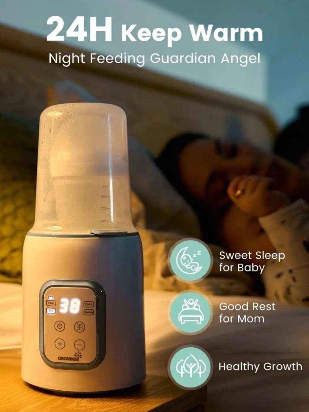 GROWNSY White Baby Bottle Warmer Digital Display 8-in-1 Fast Heating